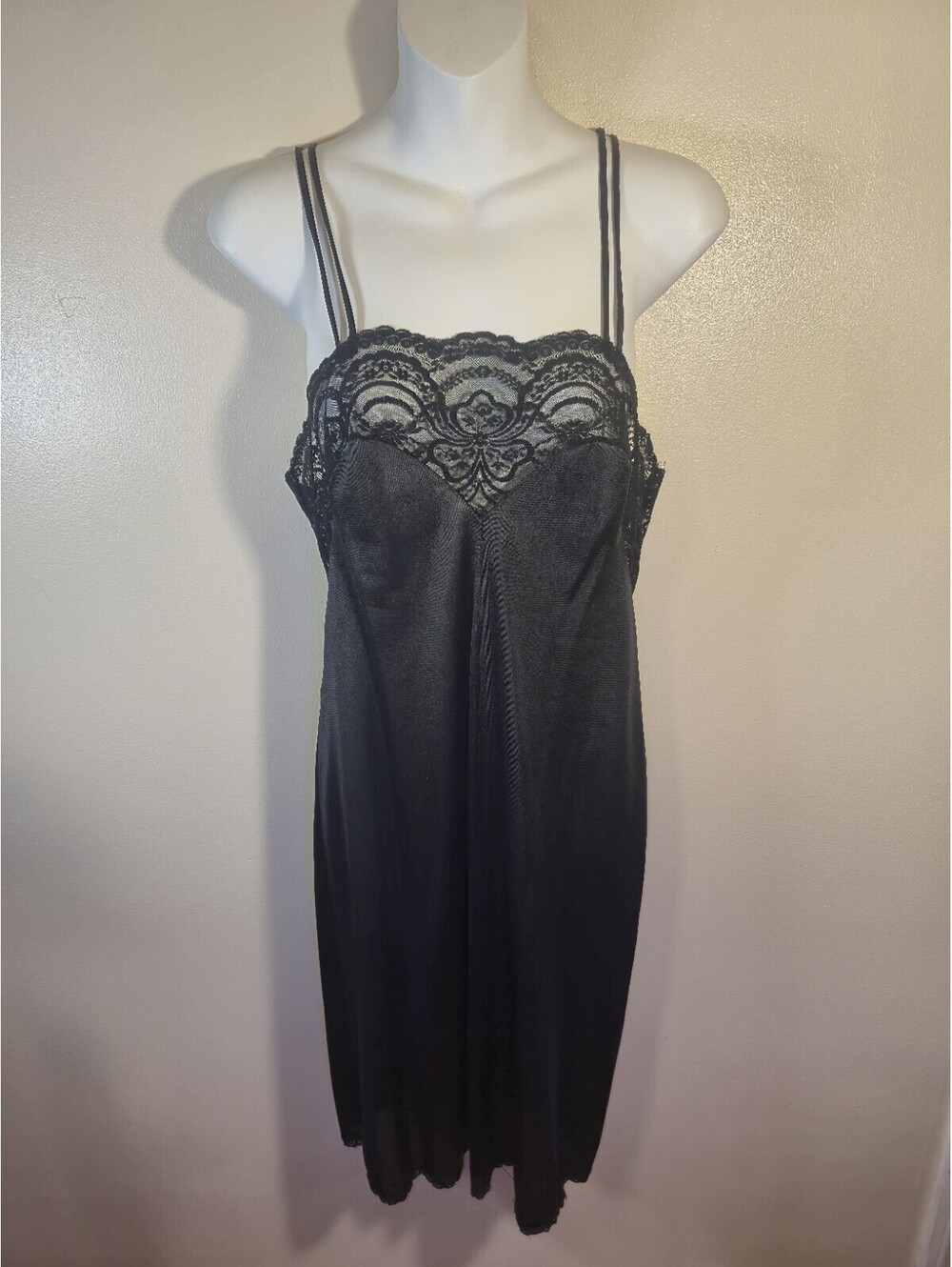 Vintage Formfit Rogers 34 Black Lace Nylon Slip Nightgown Lingerie Made In USA